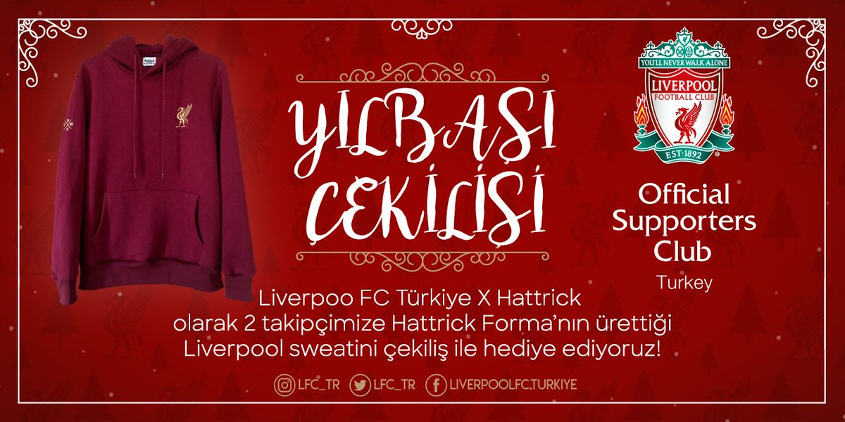 Liverpool Türkiye (@lfc_tr) on Twitter photo 📢 YILBAŞI ÇEKİLİŞİ! 🎁🎲🍀
2020 yılına girerken 2️⃣ şanslı takipçimize <a href="/hattrickforma/">Hattrick Forma</a>’nın ürettiği Liverpool sweatini hediye ediyoruz! 🙌
31 Aralık 23:59'a kadar bu tweeti RT’leyip bizi takip ederek çekilişe katılabilirsiniz. ✅
Mutlu yıllar! ❤🤞 📢 YILBAŞI ÇEKİLİŞİ! 🎁🎲🍀
2020 yılına girerken 2️⃣ şanslı takipçimize <a href="/hattrickforma/">Hattrick Forma</a>’nın ürettiği Liverpool sweatini hediye ediyoruz! 🙌
31 Aralık 23:59'a kadar bu tweeti RT’leyip bizi takip ederek çekilişe katılabilirsiniz. ✅
Mutlu yıllar! ❤🤞