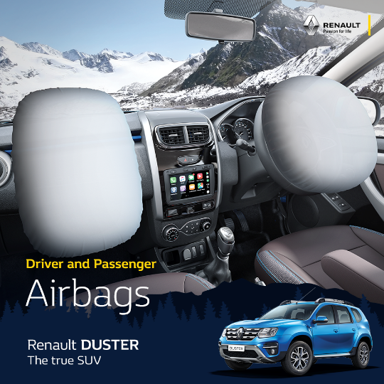 RenaultIndia's tweet photo. The #RenaultDUSTER comes with dual airbags along with a speed alert, seatbelt reminder and ABS that work together to keep you safe on the road.
#NowEvenBOLDER
Know more: https://t.co/WejfY12yuq https://t.co/qOBSjE7Y6d