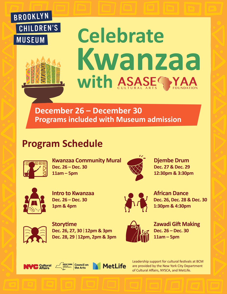 Celebrate Kwanzaa at <a href="/BrooklynKids/">Brooklyn Children’s Museum</a> begins today! Join us &amp; <a href="/AsaseYaaEnt/">Asase Yaa Ent. Group</a> over the next 5 days to learn about the Nguzo Saba, or 7 principles of Kwanzaa! Dec 26 - Dec 30. brooklynkids.org/kwanzaa