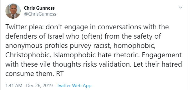 Translation: @ChrisGunness knows he and his friends can't actually defend their Ziophobia in any sort of open debate, so he wants to make sure that pro-Israel voices are  muted.

It's funny how he doesn't realize that his return to Israel-bashing makes @UNRWA look even worse.