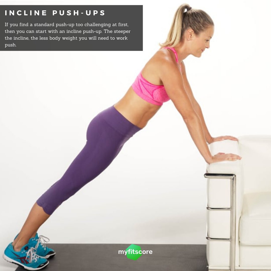 MyFitScoreApp's tweet image. Incline push-ups. If you find a standard push-up too challenging at first, then you can start with an incline push-up. The steeper the incline, the less body weight you will need to work push. This is also a good exercise to target your lower chest. 🙌