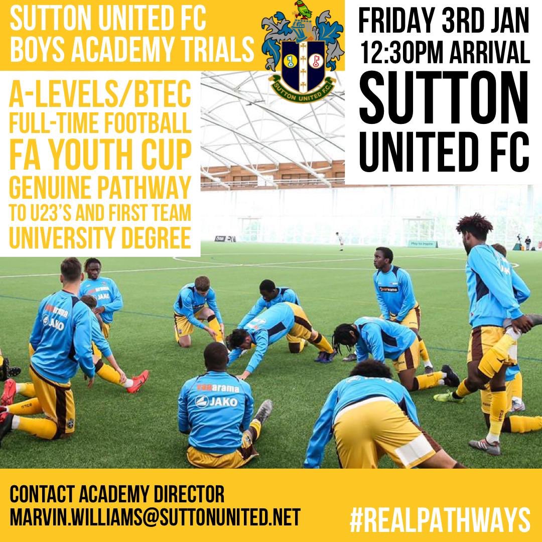 sutton_academy's tweet image. ‼️REMINDER‼️

Whilst we’re still in the festive period &amp;amp; having a chilled break, a reminder that we have our 16-18 Boys Academy trials, Jan 3rd.

Fantastic opportunity to join our proven, first class @suttonunited Academy programme for 20/21 season!

Email to register....