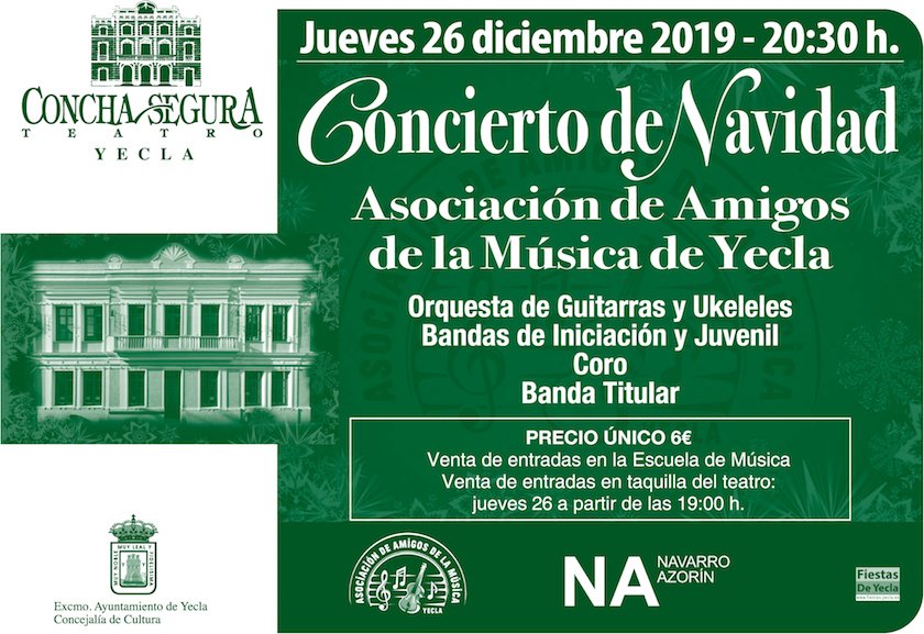 Hoy, a las 20:30, en el Teatro Concha Segura: Concierto de Navidad de la Asociación de Amigos de la Música de Yecla. #NavidadYecla