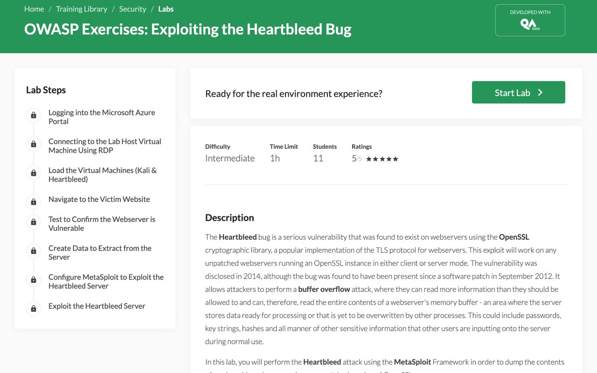 QANorthAmerica's tweet image. [🔔New lab developed with QA Ltd] OWASP Exercises: Exploiting the Heartbleed Bug. You will perform the #Heartbleedattack using the #MetaSploitFramework in order to dump the contents of a vulnerable webserver using an unpatched version of OpenSSL. cloudacademy.com/lab/owasp-exer…