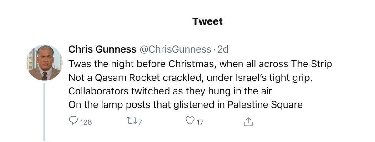 1. The EU, Germany, Britain & Canada fund an agency whose 2007-2019 spokesman @ChrisGunness just glorified Hamas hanging collaborators in a bizarre poem that is now deleted:

'Collaborators twitched as they hung in the air
On the lamp posts that glistened in Palestine Square'