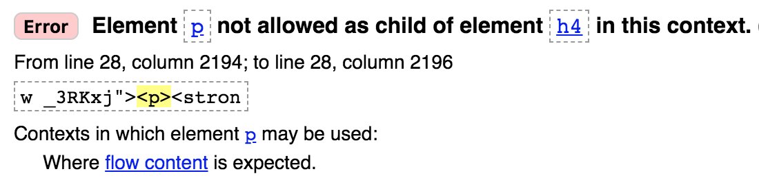 Example of a validation error; element p not allowed as child of element h4 in this context