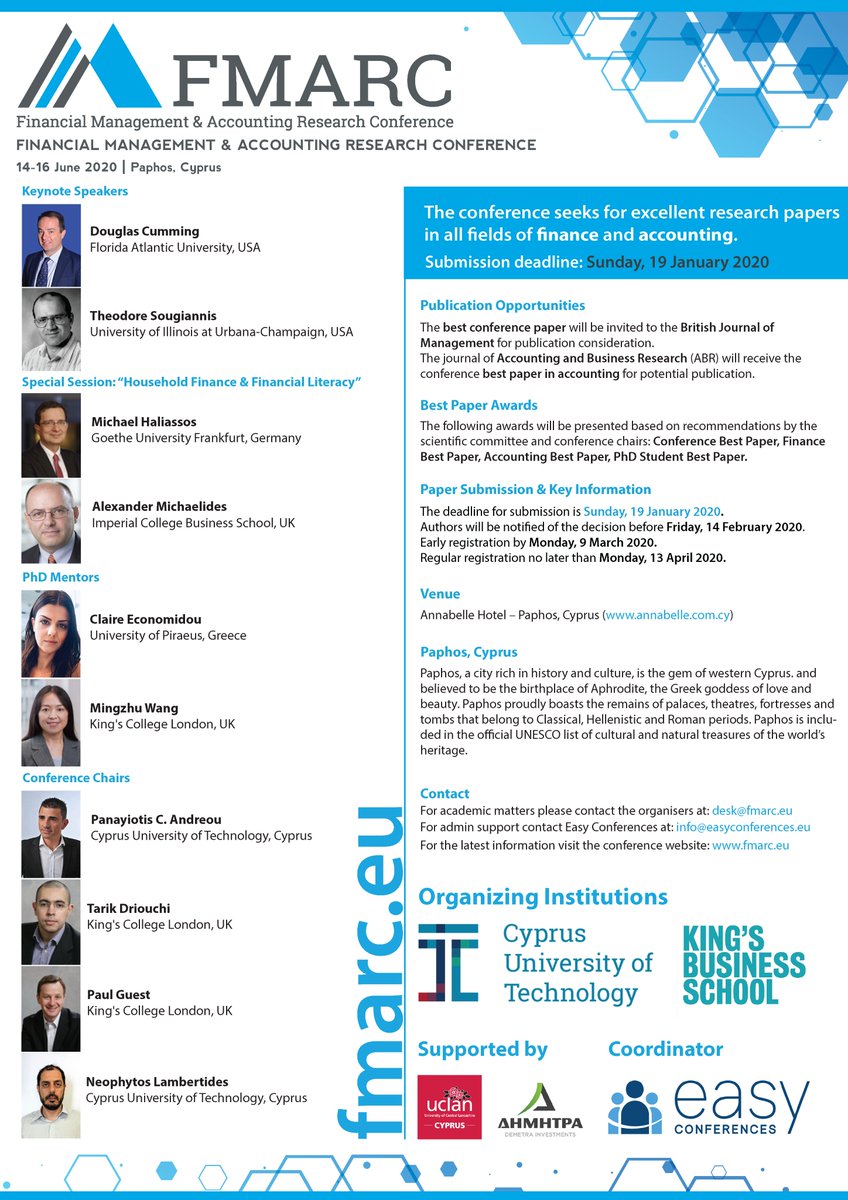 pandreou77's tweet photo. Call for Papers - Financial Management & Accounting Research Conference (FMARC 2020) June 14 - 16, 2020, Cyprus - Paphos
Submission Deadline: Sunday, 19 January 2020
#callforpapers #fmarc #conference2020 #fmarc2020 https://t.co/Ak1b8kAfD9