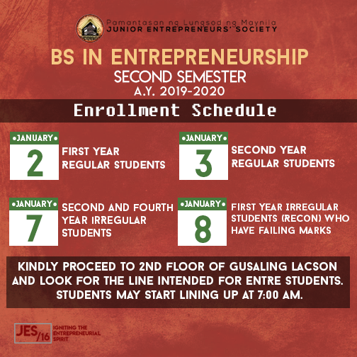 plmjes's tweet photo. 🔴❗ANNOUNCEMENT❗🔴
Heads up, BS Entre students! Please be guided accordingly regarding the Enrollment Schedule for Second Semester, A.Y. 2019-2020.
Thank you and see you there!
Source: Prof. Jasmin B. Jocson
#PLMJES
#JES16
#IGNITINGTHEENTREPRENEURIALSPIRIT https://t.co/O4tpEp7Aft