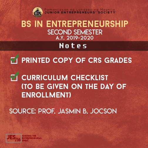 plmjes's tweet photo. 🔴❗ANNOUNCEMENT❗🔴
Heads up, BS Entre students! Please be guided accordingly regarding the Enrollment Schedule for Second Semester, A.Y. 2019-2020.
Thank you and see you there!
Source: Prof. Jasmin B. Jocson
#PLMJES
#JES16
#IGNITINGTHEENTREPRENEURIALSPIRIT https://t.co/O4tpEp7Aft
