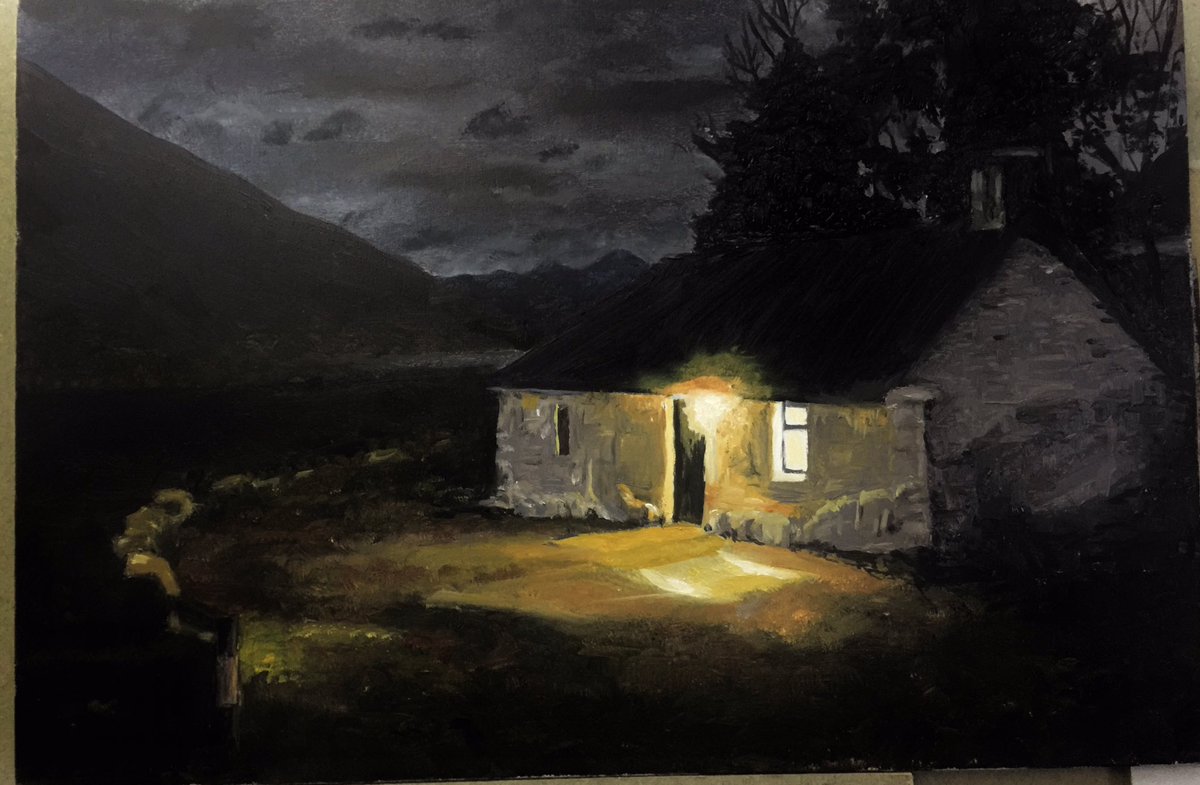 The Gloamin in Glen Etive. Fresh off my easel this morning and still wet. #oilpainting #glenetive #tog #togsart #cottage #scotland #highlandcottage #highlands #BoxingDay #painting #ChristmasIsOverNowI