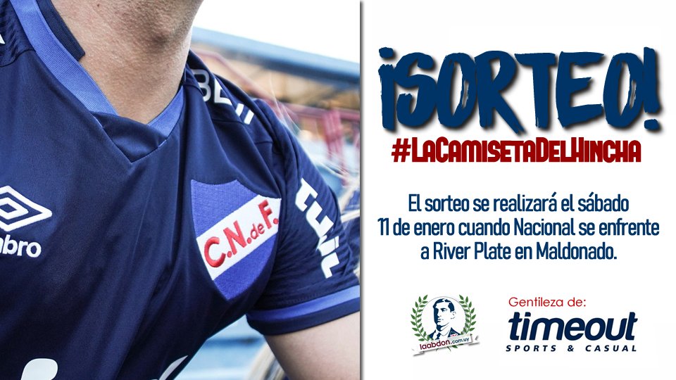 SORTEO!!! 🔥🔥🔥
#LaCamisetaDelHincha gentileza de <a href="/Timeout_mvd/">TimeOut</a> 

✅Requisitos:

1- Seguir nuestra cuenta <a href="/laabdon/">laabdon.com.uy</a>  
2- Hacer RT (Compartir)
3- Mencionar 3 amig@s

Se sortea el sábado 11 de enero cuando Nacional se enfrente a River en Maldonado

Mucha suerte a todos 🍀💪🏼🔴⚪🔵