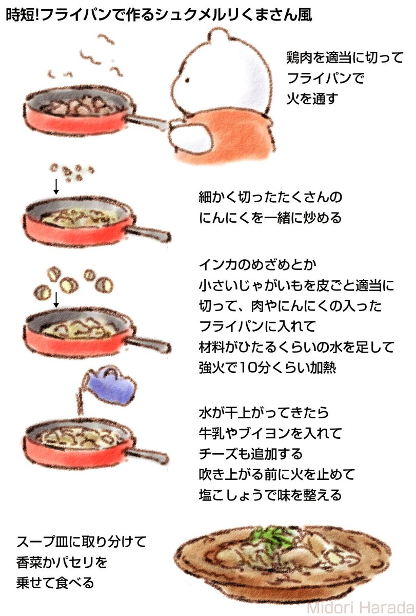 ふわふわのくまbot ねんまつの つかれたからだに よくきく ちゅうごくの かんたん しだしべんとうの れしぴなの ちゅうごくでは れんじで あたたかくした おべんとうを みんなに くばるの おうちで ためしてみてほしいの ふわふわ