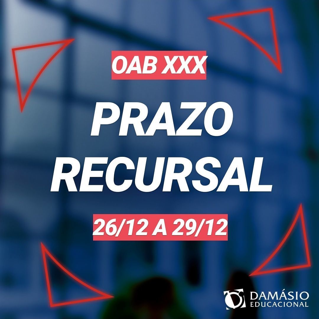 DamasioColatina's tweet photo. ❗ATENÇÃO❗
⠀
O Prazo de recurso da 2ª Fase da OAB EXAME XXX, começa hoje (26/12) às 12h (Horário de Brasília) e vai até 29/12 às 12h.
⠀
#oab #recurso #damasio #examedeordem https://t.co/s7Nh3qpL6j
