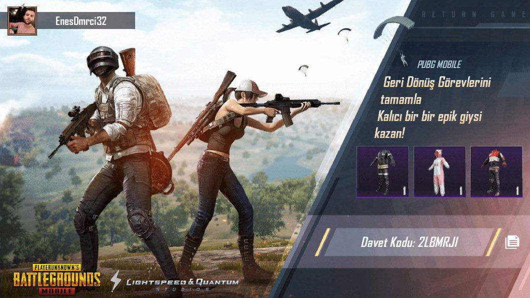 完成【PUBG MOBILE】回归任务，免费领史诗级永久套装！我的邀请码：2LBMRJI share.pbgcj.com/recallfriend.p…