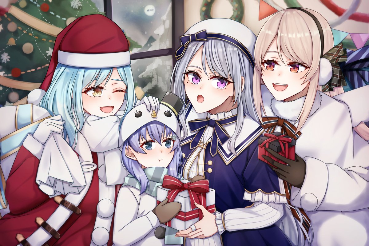 multiple girls 4girls gift hat christmas christmas tree gloves  illustration images