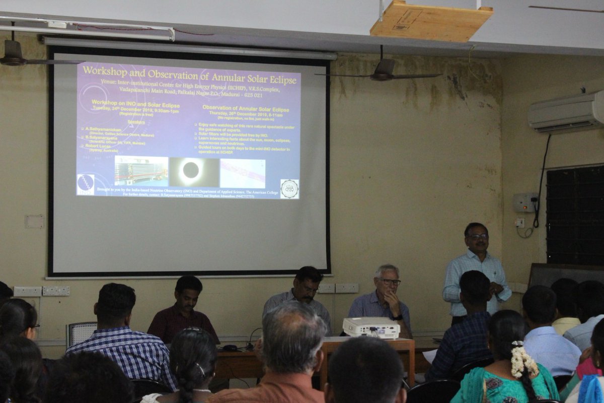 inoofficial1's tweet photo. #INO & Dept. of Applied Science, The
American College, Madurai, jointly organised a 1/2 day workshop on the #AnnularSolarEclipse2019 & its observation and #INO & a guided tour of #miniICAL at #IICHEPMadurai on 24th Dec, 2019. #BasicScience #solareclipse2019 #Neutrinos #INO https://t.co/NwWsrUIm2z