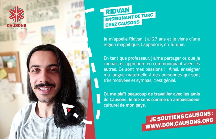 CausonsFr's tweet photo. Ridvan est professeur de Turc chez Causons et c’est grâce à vous ❤️
1 don = 1 formation pour un.e migrant.e pour enseigner sa mangue maternelle

https://t.co/7mcl3VCVme

#don #causons #migrants https://t.co/svwBb6YzJ2