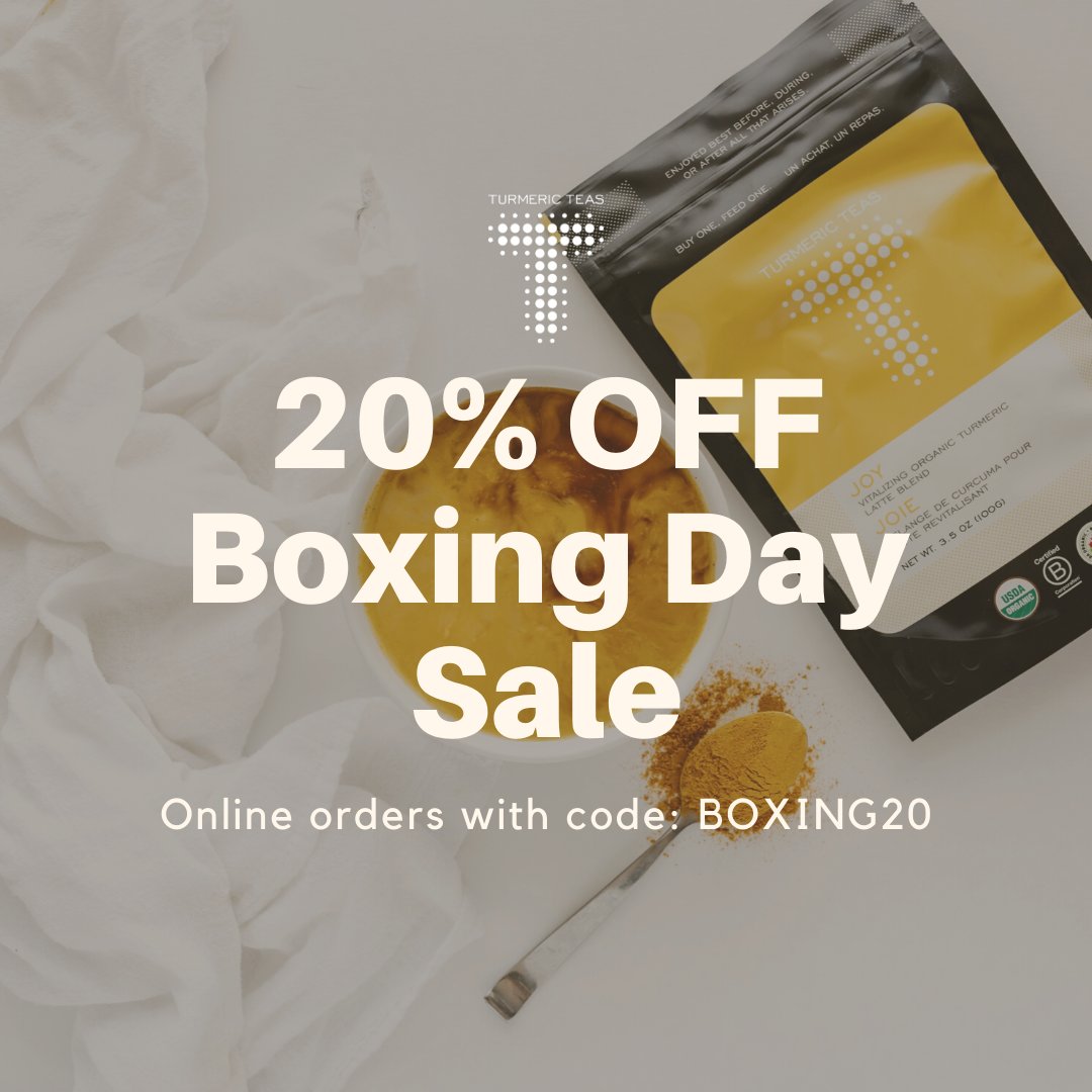 turmericteas's tweet photo. 🚨BOXING DAY SALE ALERT! 🚨Get 20% OFF your entire online order with code "BOXING20". 🍵Warm up your holidays with our organic turmeric teas. 🤗
#boxingdaysale #tea #turmeric #turmericteas #healthytea #sale #discount #hotdrink #buyonefeedone #socialenterprise #holidaydrink https://t.co/m3i2emSh06