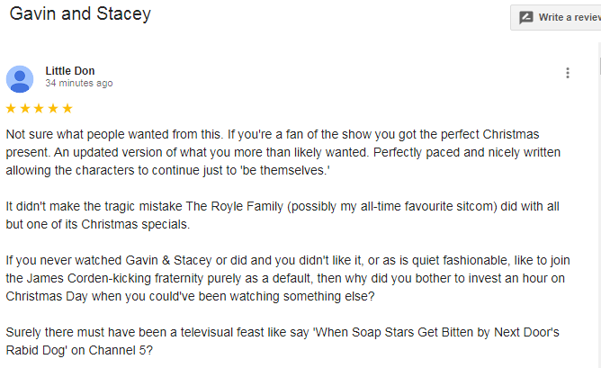 Big_Jeanie's tweet photo. There's a load of bad-tempered oul shite being written online about last night's episode. I loved it so I did. 
Here's a viewer review I seen online that sums it up perfectly.  #GavinandStacy https://t.co/gGbuiP4ABx