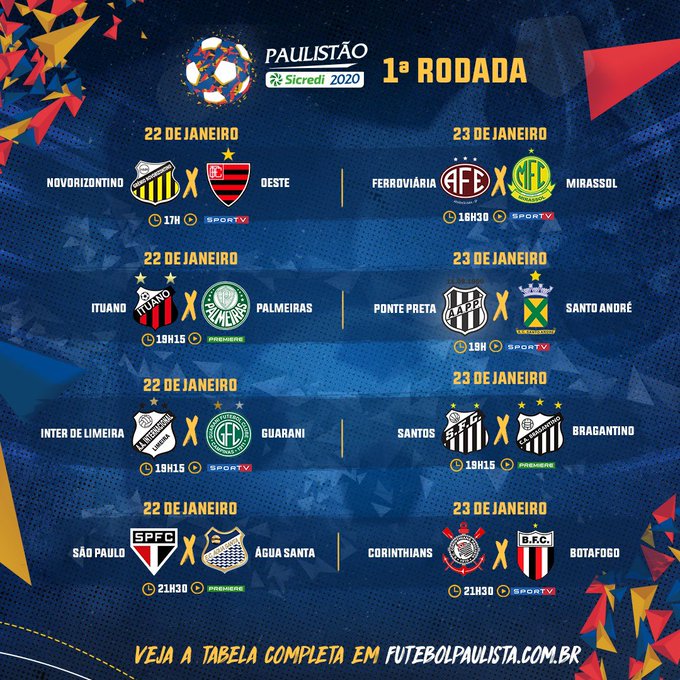 FPF divulga tabela do Paulistão 2020; veja os jogos da primeira fase, campeonato paulista