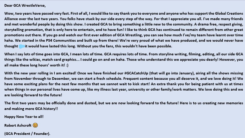 MrAshcroft_GCA's tweet photo. Thank You. Here's to the future! 😎🥂 #WeAreTheGCAWrestleVerse #GCAWrestleVerse #2ndAnniversary #WWE2K19 #GCACommunity https://t.co/EDMhXWLNzc