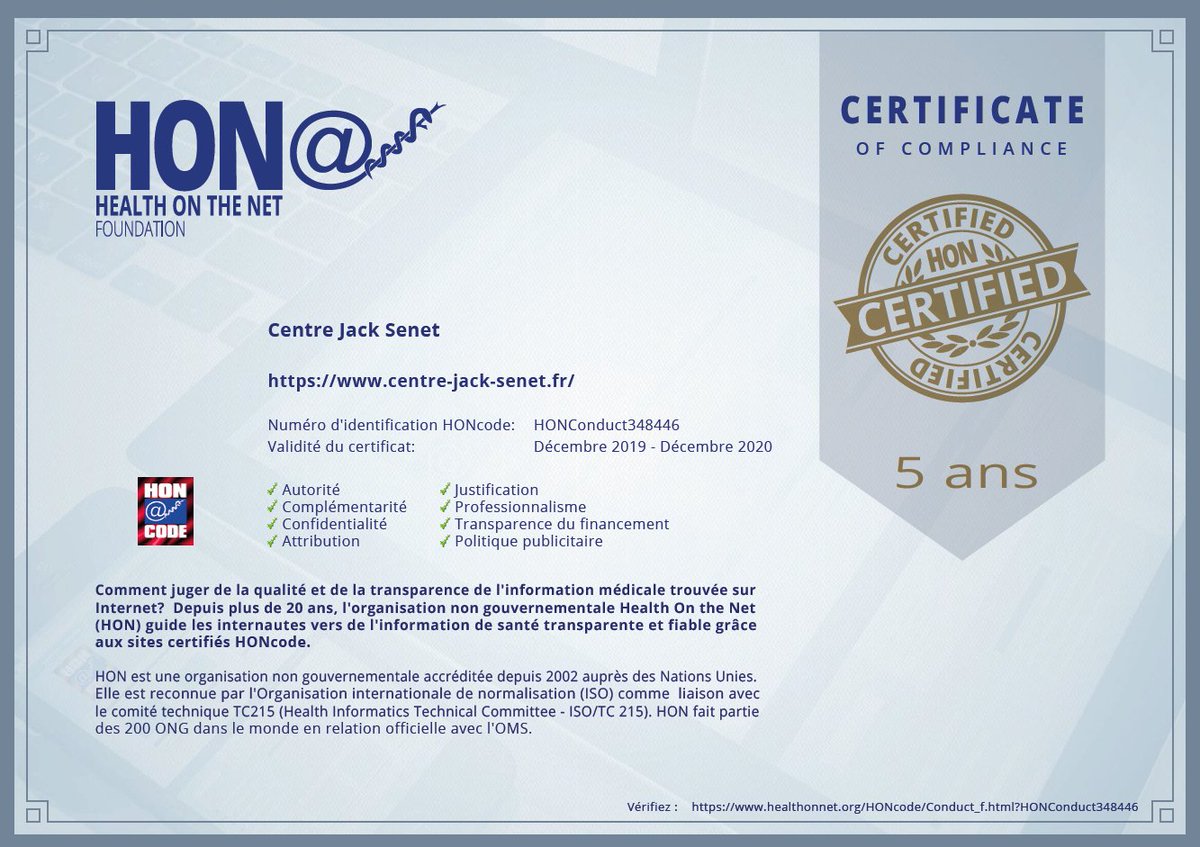 CentresLMG's tweet photo. Notre site internet a reçu pour la cinquième année consécutive la certification #HONcode @HealthOnTheNet  attestant d’un respect #éthique alliant #transparence, #responsabilité et #traçabilité de l’information. + d'infos : https://t.co/ce1X5VLh4M https://t.co/fU9v4I5FZ6