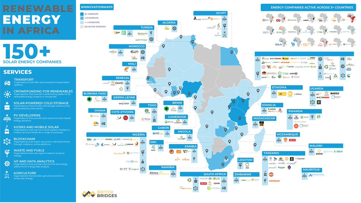 Ces deux cartes représentent l’état du marché des énergies renouvelables en Afrique avec ses différents acteurs.Merci à <a href="/Briter/">briter</a> pour la qualité de son travail en répertoriant tous les acteurs du domaine et votre entreprise Solar Box Gabon en fait partie.
#SolarBoxGabon 🇬🇦