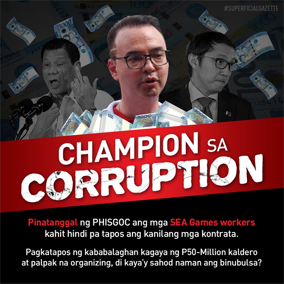 Despite the P50-Million kaldero, #SEAGamesFailure organizing, and more from corrupt Duterte allies, our athletes and workers won the #SEAGames2019 for us.

Pero ang pamasko ni Cayetano / PHISGOC sa mga SEA Games workers? ILLEGAL TERMINATION.

MORE: bantaynakaw.com/workers-ng-sea…