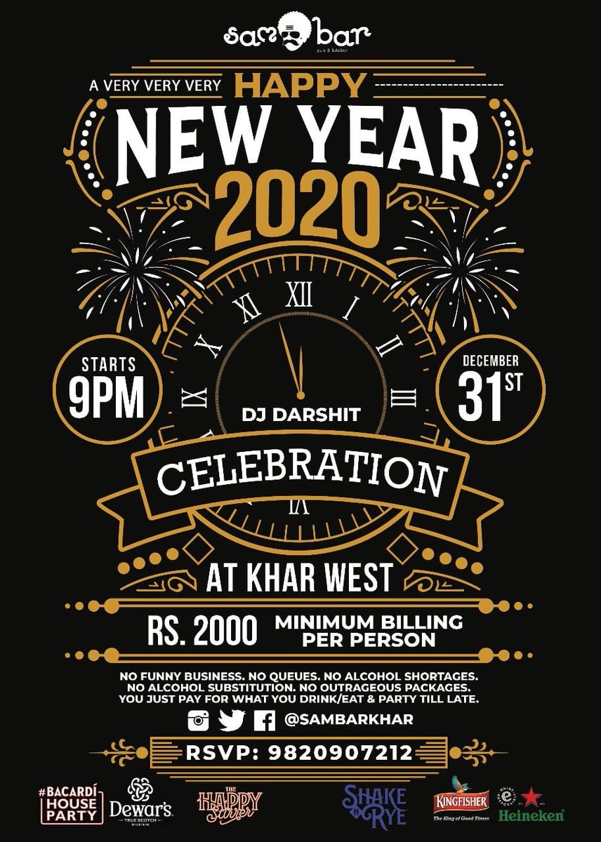 SamBarKhar's tweet photo. Yo! #Mumbai What are your plans for  bringing in the #NewYear2020 ?

Here at @SamBarKhar, there’s No funny business. No queues. No alcohol shortages. No alcohol substitution. No outrageous PACKAGES. 

Rs. 2000 minimum billing per person mandatory 

For Reservations:9820907212 https://t.co/WYMp9D72LR