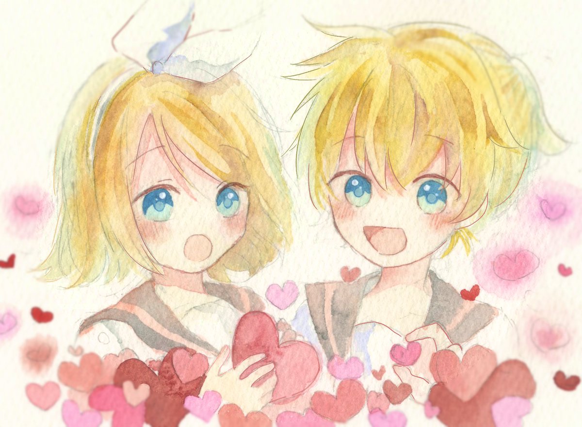 kagamine len ,kagamine rin 1girl 1boy blonde hair heart blue eyes open mouth watercolor (medium)  illustration images