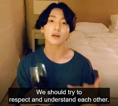 Jungkook: “We should try to respect and understand each other. We need to be considerate of others. Only then we can understand each other and get closer to each other and become one.”V live, 16. June 2019