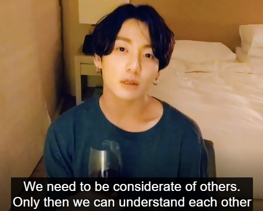 Jungkook: “We should try to respect and understand each other. We need to be considerate of others. Only then we can understand each other and get closer to each other and become one.”V live, 16. June 2019