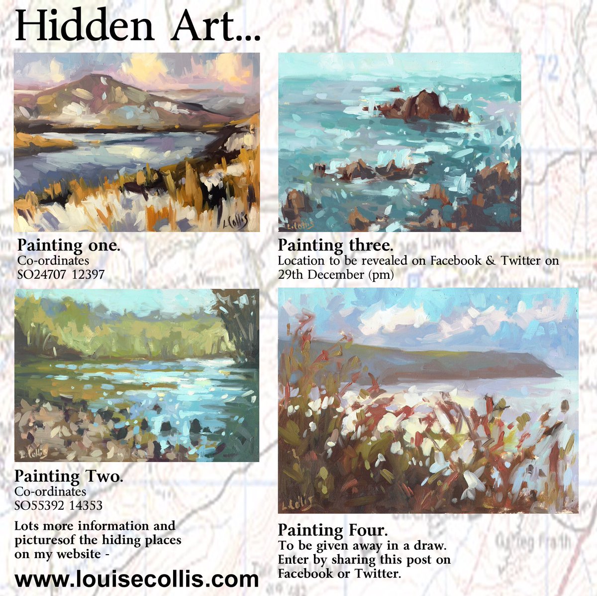 LouiseCollisArt's tweet image. My Hidden Art Giveaway is ready to share, share, share!
I've hidden three paintings in the landscape that inspires me, and they're yours to keep if you find them. I will also be giving away a painting in a draw
The Map References are -