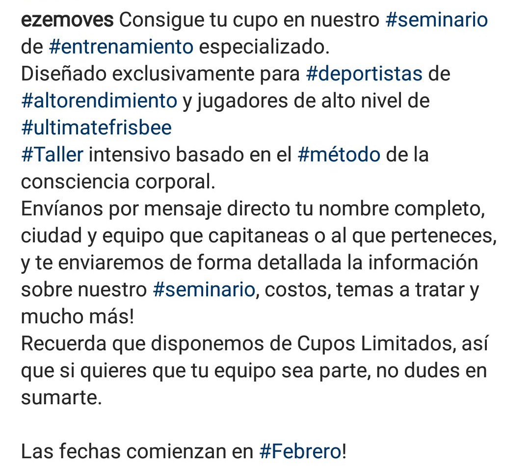 No te pierdas mi nuevo seminario intensivo de #UltimateFrisbee para deportistas de alto rendimiento.

Cupos Limitados.
