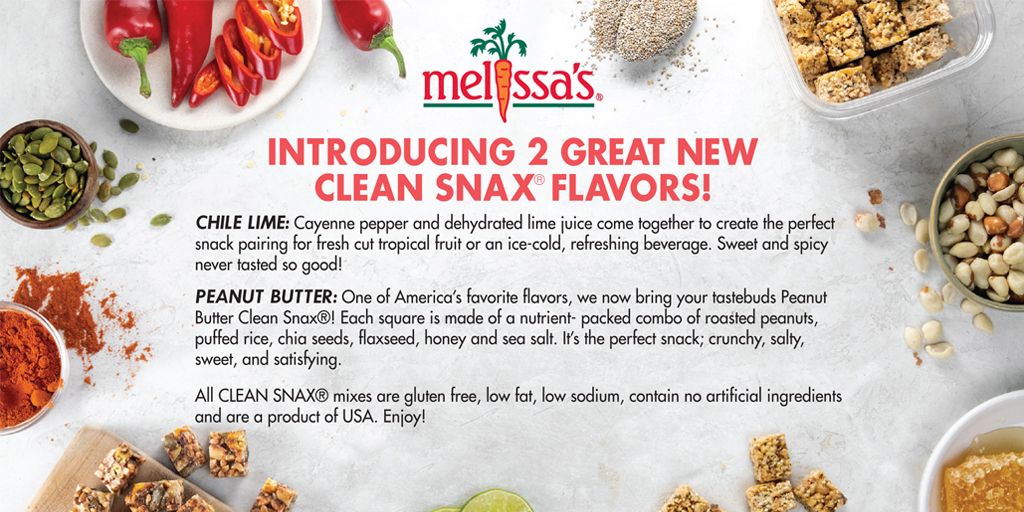 MelissasProduce's tweet photo. Say hello to our NEW (and might we add DELISH 😋) #CleanSnax flavors. 

🔥 #ChileLime is for our snackers who like a little extra HEAT
🧡 #PeanutButter is for the snackers who love that classic PB flavor 

Learn more: https://t.co/Les1LQu5TV https://t.co/TWbN4fV3kv