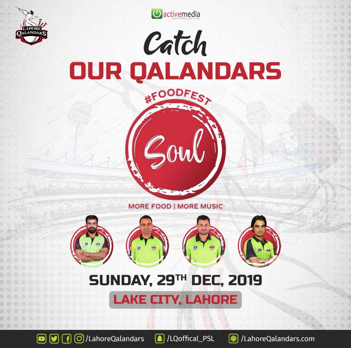 Food🥘, Music🎵& Cricket🏏! What more can you ask for? 🤔
Catch Lahore Qalandars Team & Management at Soul Festival on Sunday, December 29th 2019!
Meet & greet with our Qalandars & a chance to win exciting prizes! 🎁 
⁣
#DamaDamMast #MainHoonQalandar #SoulFest #SoulFestival