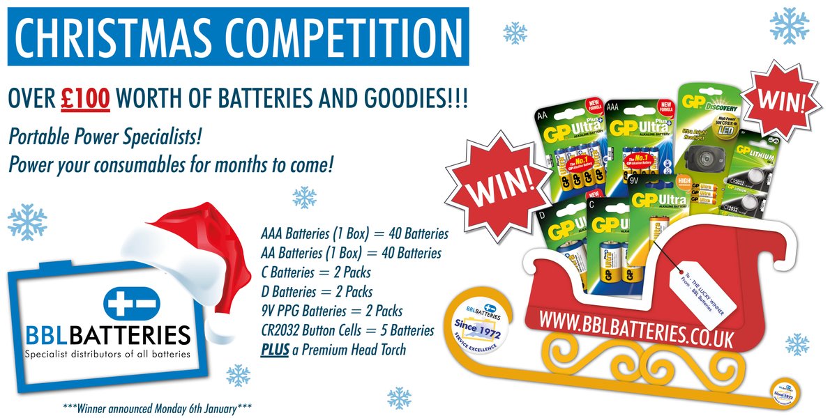 bblbatteries's tweet photo. Our Christmas competition is here! #WIN our amazing #Christmas2019 Battery Hamper! Simply FOLLOW US &amp; SHARE this post to be in with a chance! #FridayFreebie #Friyay #Competitions #WINWIN #WINIT #EnterToWin #Prizes #WinItWednesday #Giveaways #Competition #TuesdayTreats #Freebies https://t.co/j027COe2n7