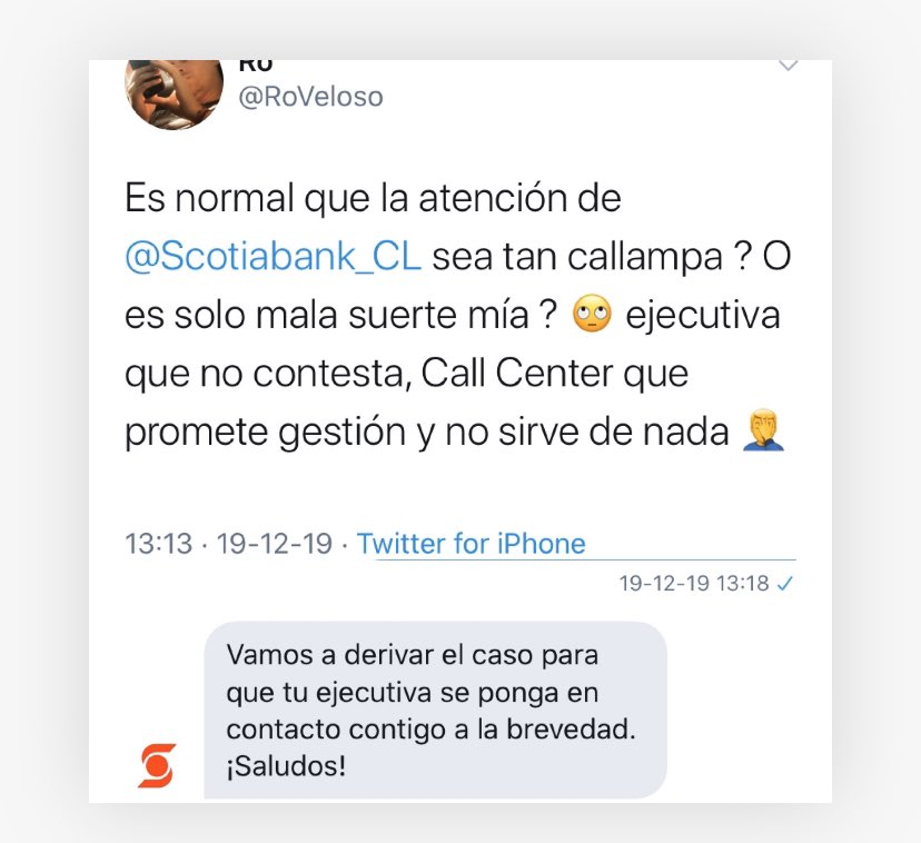RoVeloso's tweet photo. Cachai que publiqué esto hace unos días atrás y dije “ naaa nica me van a solucionar el problema si son re pencas en @Scotiabank_CL “ pero para mi sorpresa YO TENIA RAZÓN ERA VERDAD POH SON TAN RE PENCAS QUE AÚN NO ME CONTACTAN , servicio como el reverendo hoyo. Salu2 ☺️ https://t.co/C6wbNNlq7d