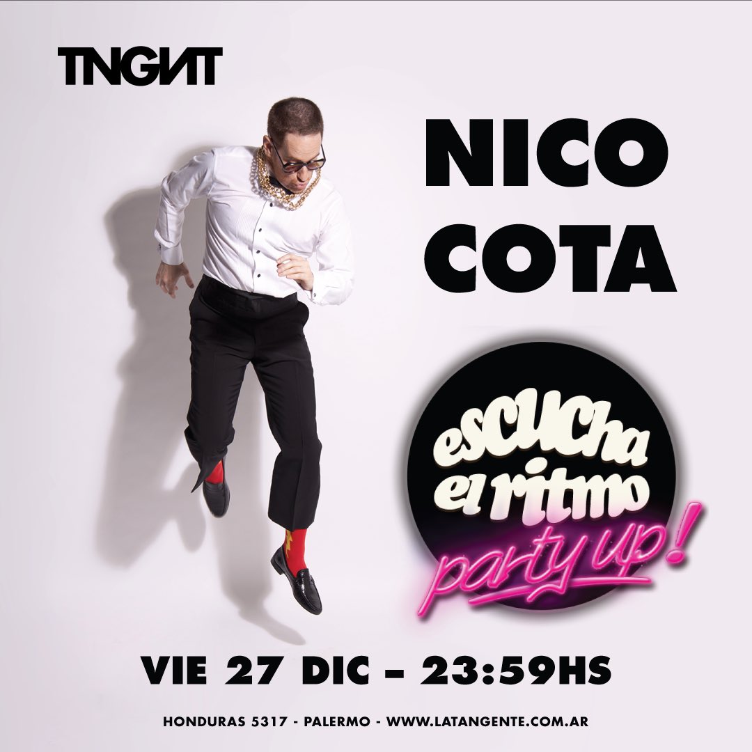 Este viernes <a href="/NicoCotaReal/">Nico Cota</a> presenta #EscuchaElRitmo Party Up! en <a href="/LatangenT/">La Tangente</a>. 
Show + Fiesta.
Dj invitado <a href="/javierzuker/">javier zuker</a>.
Banda invitada Crewrod.
Últimas entradas anticipadas por <a href="/TicketHoy/">tickethoy</a>.
bue.tickethoy.com/entradas-music…
#NicoCota #Zuker #LaTangente #TicketHoy