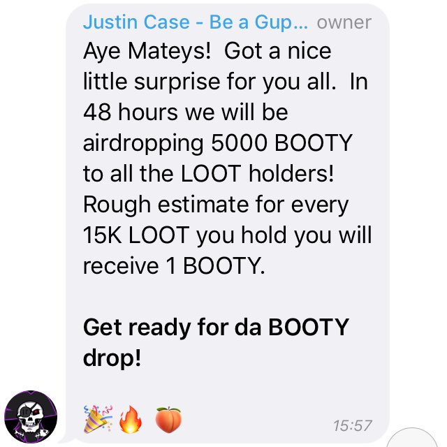 🎄Late Christmas surprise🎄 👇👇👇👇👇👇👇👇👇5000 #BOOTY token airdrop taking place in just under 48 hours! Get mining #LOOT at ipirates.io in order to make the most out of it! #IOST #TRON #EOS #ETH <a href="/DappRadar/">DappRadar</a> <a href="/dapp_review/">DappReview</a> <a href="/DappStats/">DappStats</a>