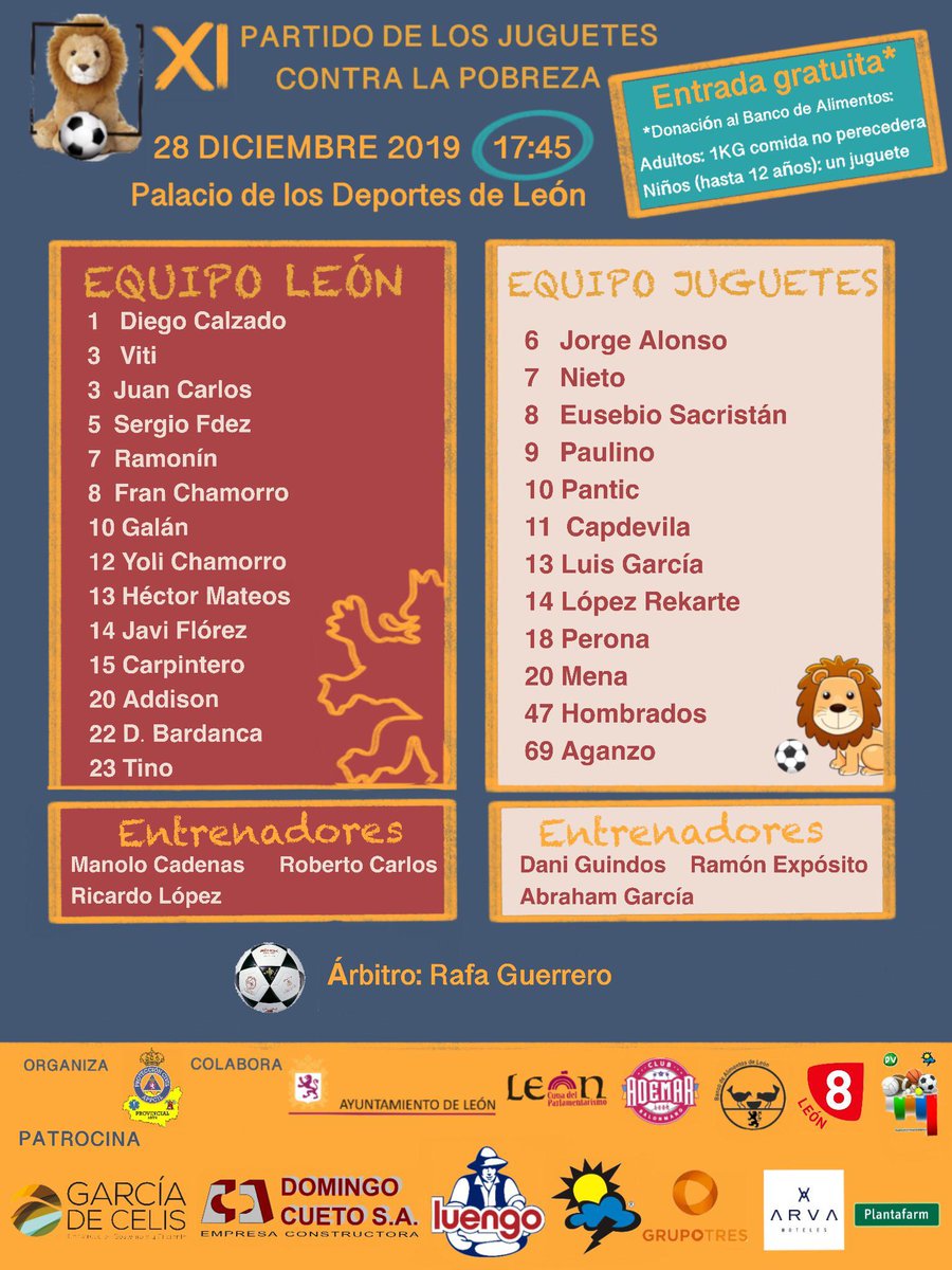 futbolbaseleon's tweet photo. 🧐 SOLIDARIDAD |

XI Partido de los Juguetes contra la Pobreza
¡¡ No puedes faltar¡¡
Te esperamos este sábado a las 17:45 en el Palacio de los Deportes para marcarle un gol a la pobreza.
Acude¡¡ Te esperamos #leonesp¡¡

➡️ https://t.co/EwOemxwgpJ https://t.co/9OlCxAaeQa