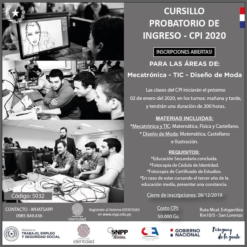 SNPP_Paraguay's tweet photo. ¡Te ofrecemos la oportunidad de seguir una carrera técnica! 
🙋🏽♂🙋🏽♀👩🏻‍💻👨🏻‍💻👗👩🏽‍🔧👨🏽‍🔧

Aprovechá los últimos días para inscribirte en nuestro @ctaparaguay para participar del Cursillo de Ingreso (CPI) para las carreras técnicas en las áreas de:

✅Mecatrónica
✅TIC
✅Diseño de Modas https://t.co/PoocDoaH4Q