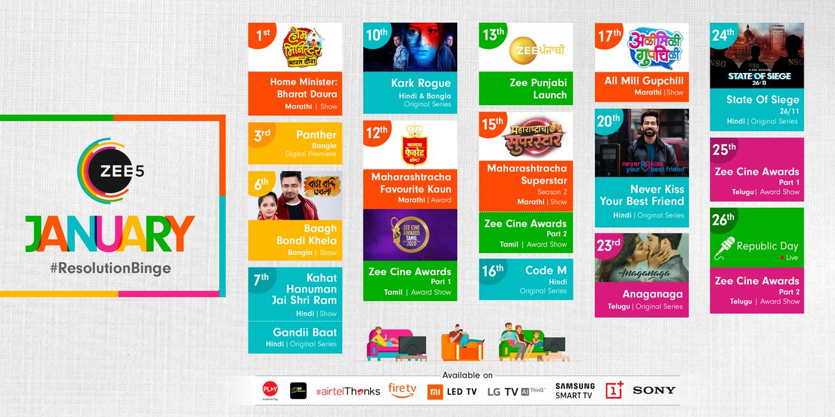 Zee5_Official's tweet photo. The New Year is right around the corner, which can only mean one thing: new content. Check out what we have to offer you this January. #ResolutionBinge #ZEE5 #ZEE5Lineup #CalendarReveal #NewYear

 #ZEE5 #NeverKissYourBestFriend #StateOfSiege2611 #CodeM #KarkRogue https://t.co/NsNJmpI4B5