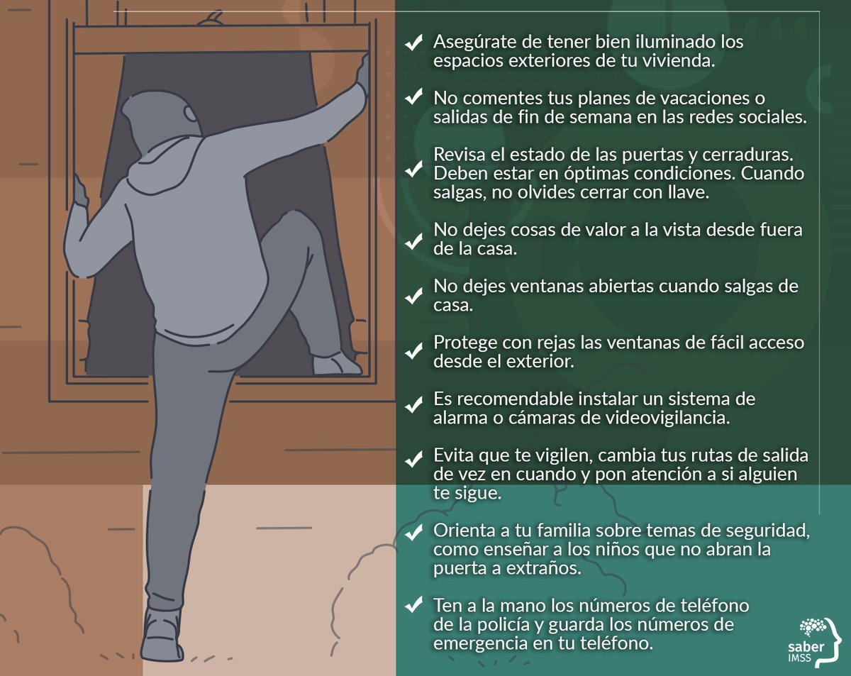 Saber_IMSS's tweet photo. #PersonalIMSS, esta temporada de fiestas no expongas tu hogar, hay que cuidarnos. Te compartimos diez consejos de seguridad para evitar robos en tu vivienda:  
#CuidarnosIMSS https://t.co/d2Txdn2hB1