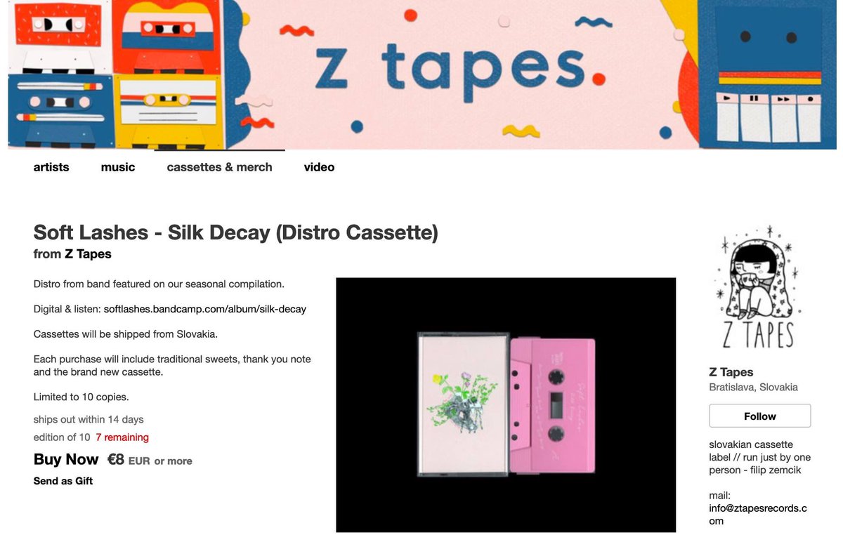 My stock of tapes for my latest EP, Silk Decay, is sold out, buuuuut the fabulous @ztapesrecords still has a handful left! Head on over to their Bandcamp if you still want to grab one. RIYL: Beach Fossils, CASTLEBEAT✨🥂 #dreampop #surfrock #bedroompop

ztapes.bandcamp.com/merch/soft-las…