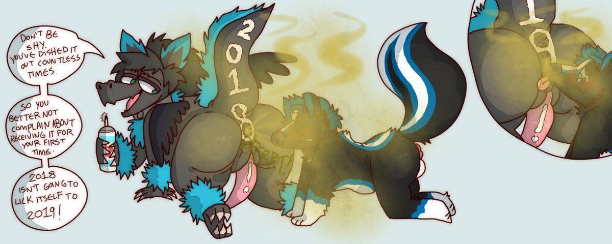 TacetTheDragon's tweet photo. Fun commission from last year's New Year for 2018 to 2019. ;P

Art: Spludgy
Com: @TacetTheDragon 

#Furry #FurryArt #Farting #Fart #Skunk #Dragon #FoodPlay #Whipcream #TailRaised #OnAllFours #Licking #Rimming #Male #Gay #HappyNewYears #HappyNewYear2019 #happynewyear2020 https://t.co/aM6nVorscc