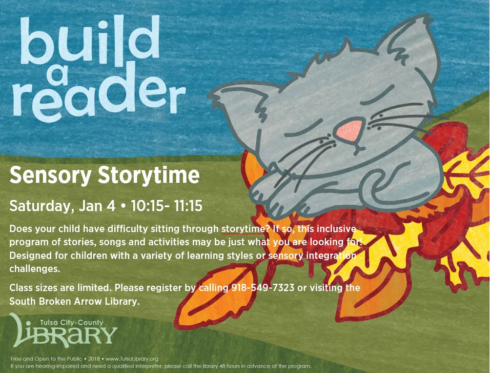 South Broken Arrow Library now offers a Sensory Storytime! Would your child benefit? Learn more here: facebook.com/events/4926260… and sign up by calling 918-549-7323 or by visiting the South Broken Arrow Library.