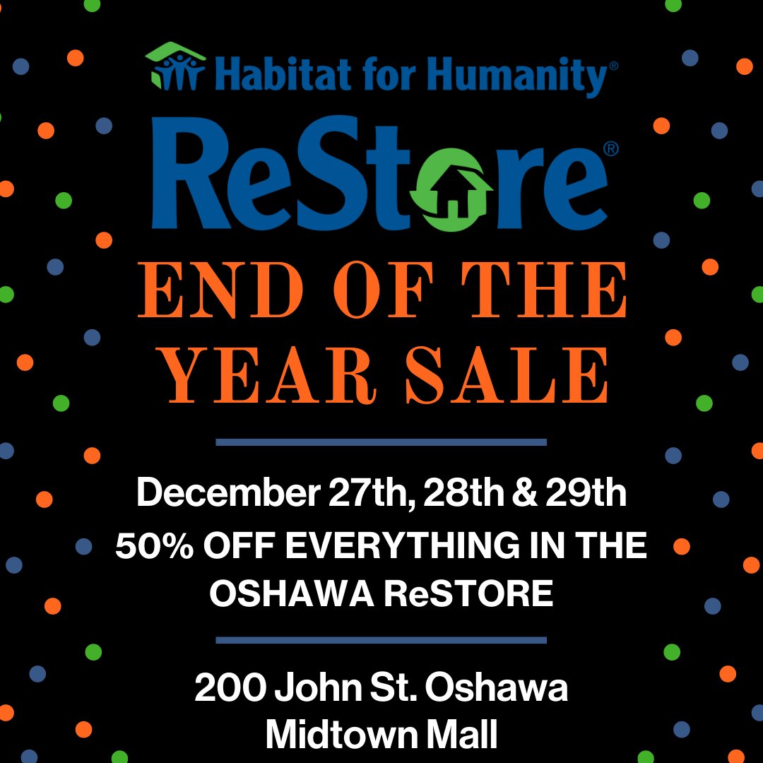 ReStoreDurham's tweet photo. Join us at the Oshawa ReStore for our END OF THE YEAR BLOWOUT SALE! Everything in the Oshawa ReStore will be sold at an astonishing 50% OFF! One weekend only - December 27th, 28th &amp; 29th
https://t.co/VmN6k86W5G 
#HFHD #DurhamRegion #Oshawa #SALE #HabitatDurham https://t.co/paxgKMyj9A