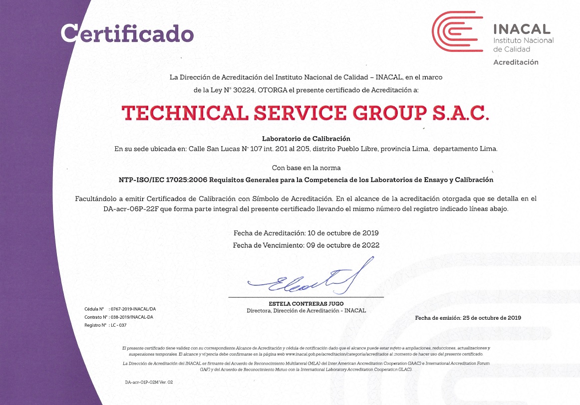 Laboratorio de calibración acreditado en la norma NTP – ISO/IEC 17025 por INACAL-DA / PERU