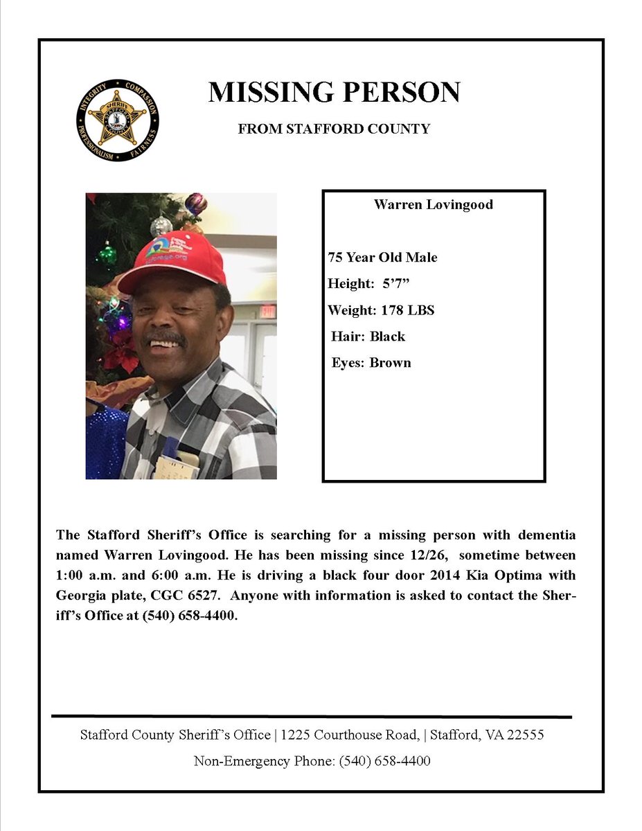 #MISSINGPERSON: We are searching for a missing person w/ dementia named Warren Lovingood. He has been missing since 12/26,  sometime between 1:00 a.m. and 6:00 a.m. He is driving a black four door 2014 Kia Optima with Georgia plate, CGC 6527. Have info? Call us at (540) 658-4400